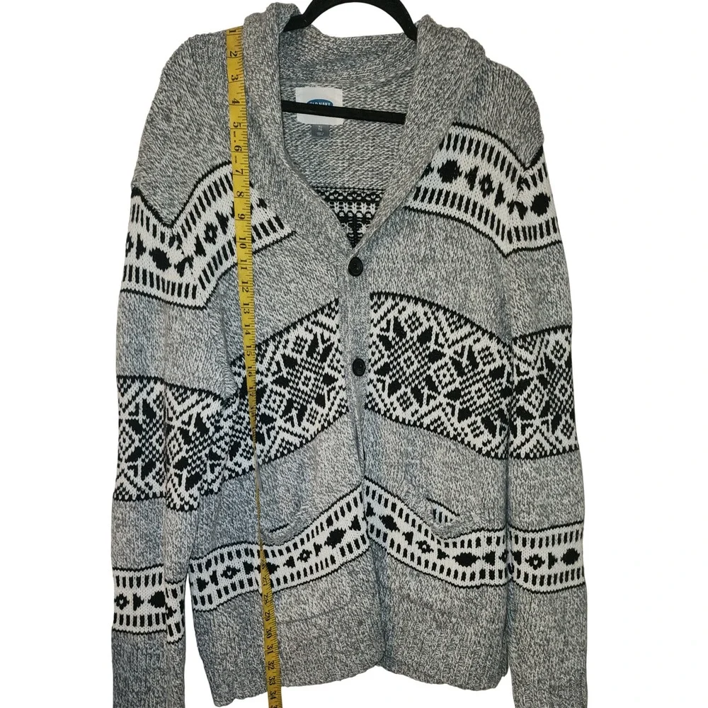 Old Navy Mens XL Gray Black Fair Isle Shawl Collar Button Cardigan Wool Blend